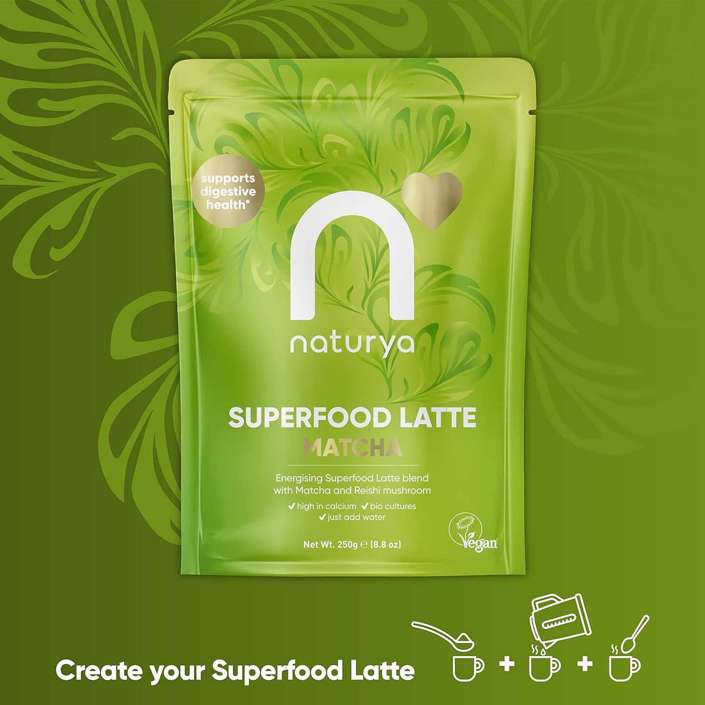 Naturya Matcha Superfood Latte 250g - Vegan Matcha Green Tea with Coconut & Reishi