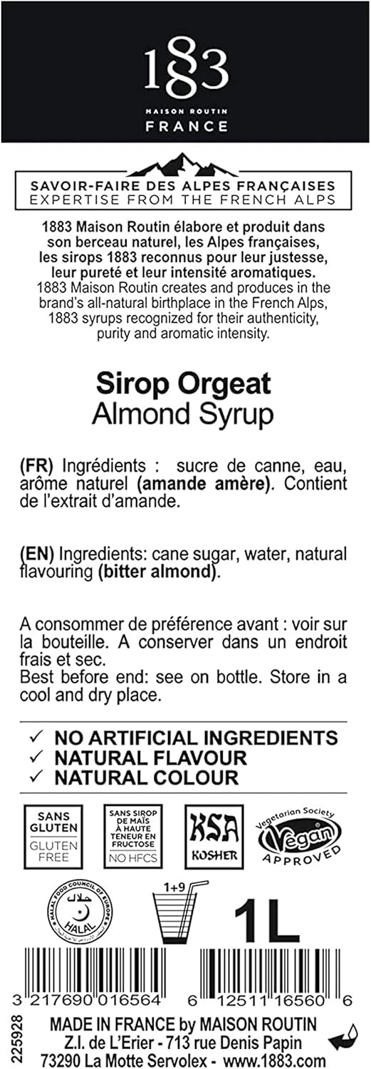 Premium Almond Syrup by 1883 Maison Routin - 1L Glass Bottle