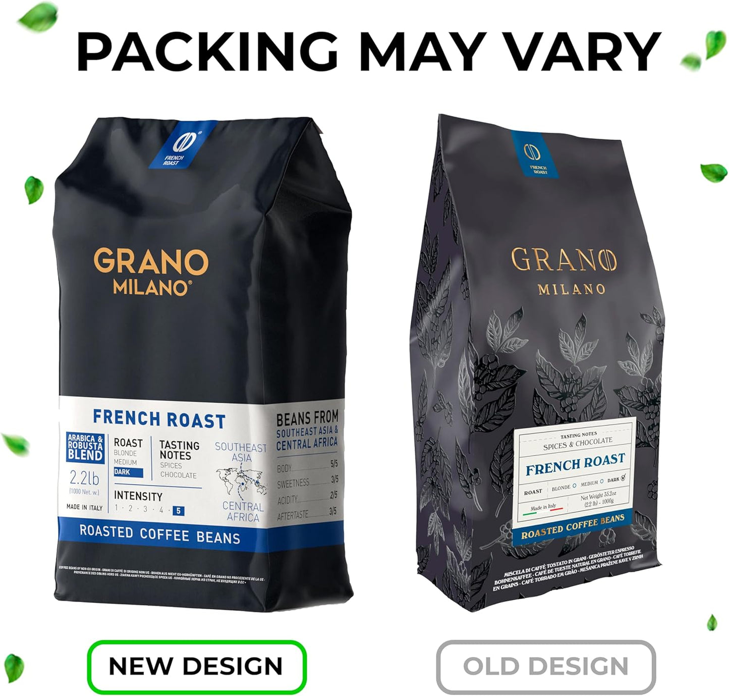 Grano Milano French Roast Robusta Extra Strong Coffee Beans 1kg – Intensity 5/5, Dark Roast, Beans from Southeast Asia & Central Africa, Spice & Chocolate Tasting Notes, Made in Italy-ExpressCo