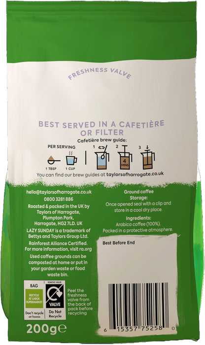 Taylors of Harrogate Lazy Sunday Ground Coffee 200g - Pack of 6 (1.2kg Total)