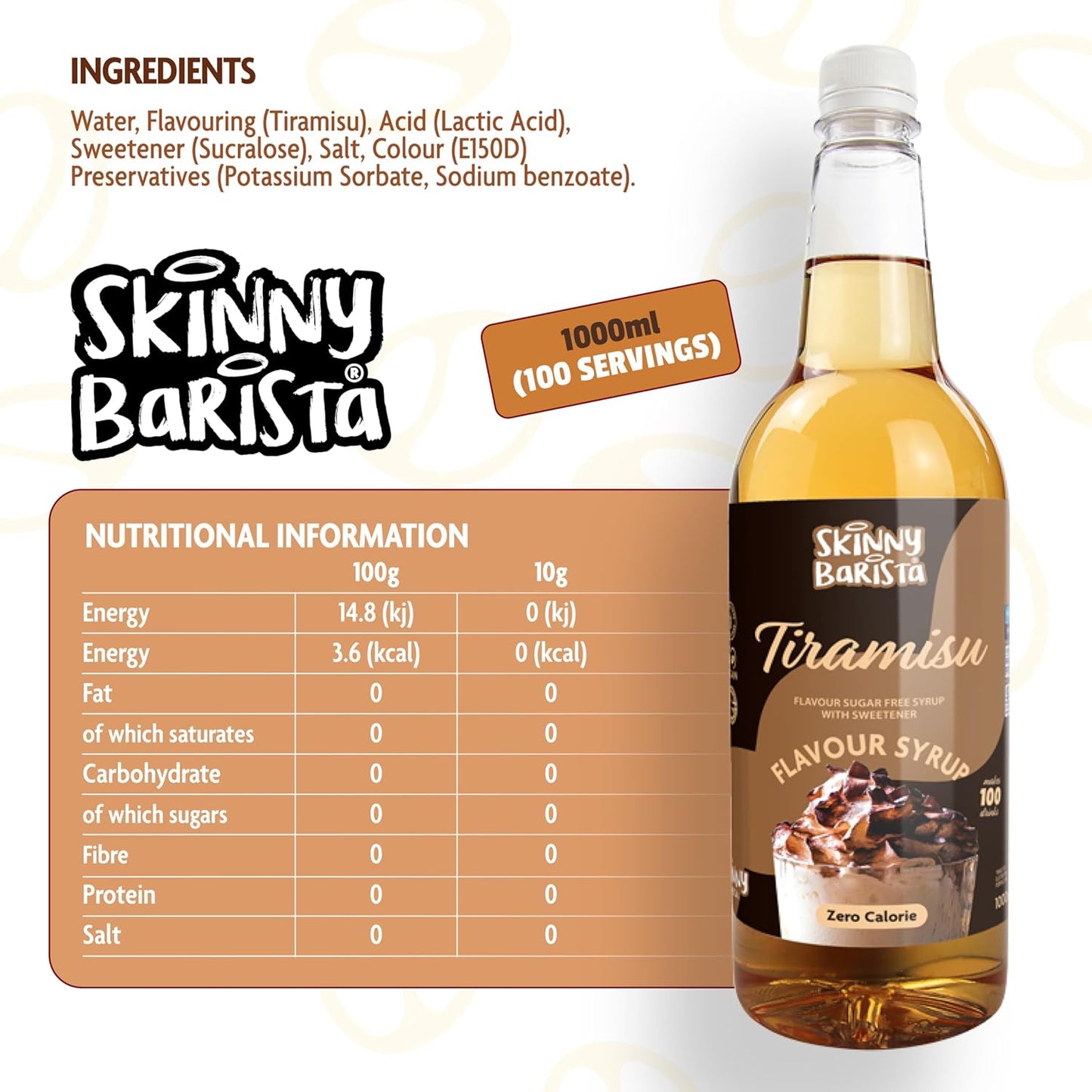 Skinny Barista Tiramisu Syrup Zero Calorie 1L - Sugar Free Vegan-ExpressCo