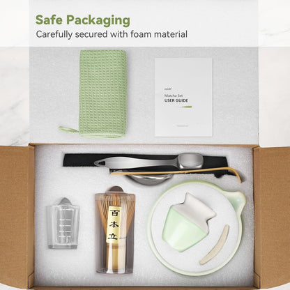 Joiish 10-Pcs Matcha Set - Bamboo Whisk Bowl with Spout Complete Tea Kit Light Green