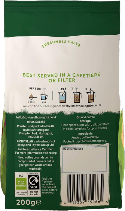 Taylors of Harrogate Rich Italian Ground Coffee 200g - Pack of 6 (1.2kg Total)-ExpressCo