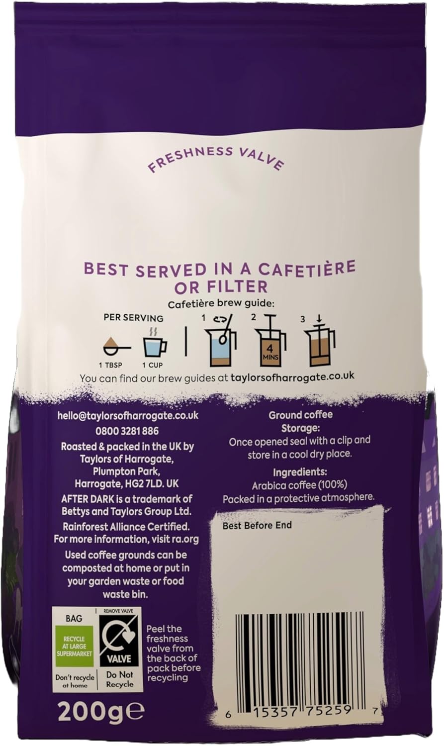 Taylors of Harrogate After Dark Ground Coffee 200g - Pack of 6 (1.2kg Total)