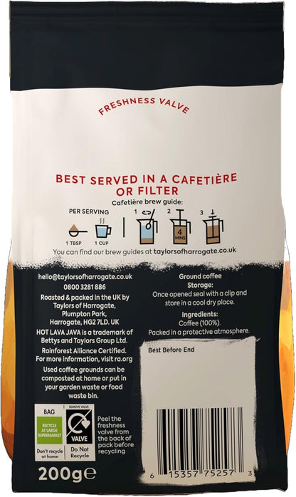 Taylors of Harrogate Hot Lava Java Ground Coffee 200g - Pack of 6 (1.2kg Total)