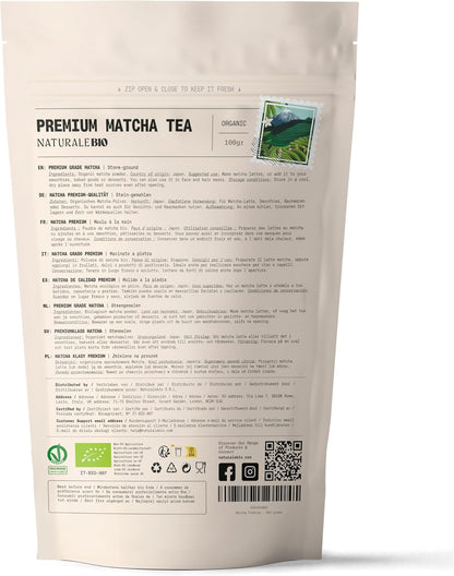 NaturaleBio Japanese Organic Matcha Green Tea Powder - Premium Grade-100g. Produced in Japan, Uji, Kyoto. Use for Drinking, Cooking, Baking, Smoothie Making and with Milk. Vegan & Vegetarian Friendly