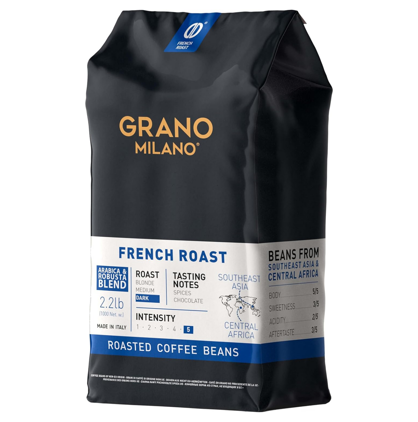 Grano Milano French Roast Robusta Extra Strong Coffee Beans 1kg – Intensity 5/5, Dark Roast, Beans from Southeast Asia & Central Africa, Spice & Chocolate Tasting Notes, Made in Italy-ExpressCo