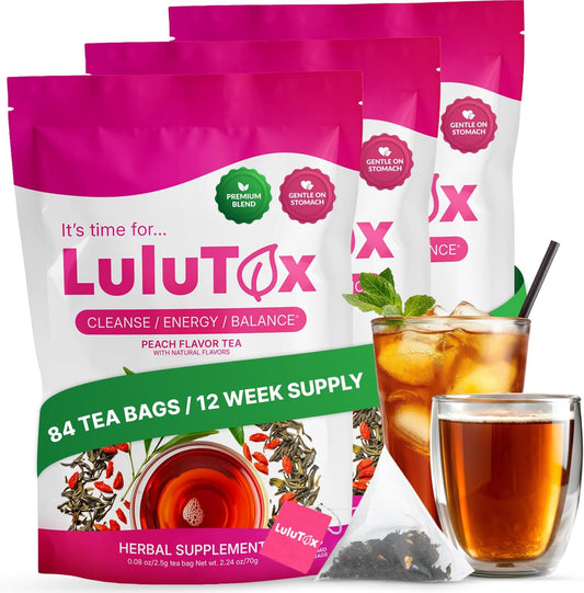 LULUTOX Original Detox Tea 3 Pack x 28 Servings - Herbal Blend with Dandelion, Ginseng & Ginger