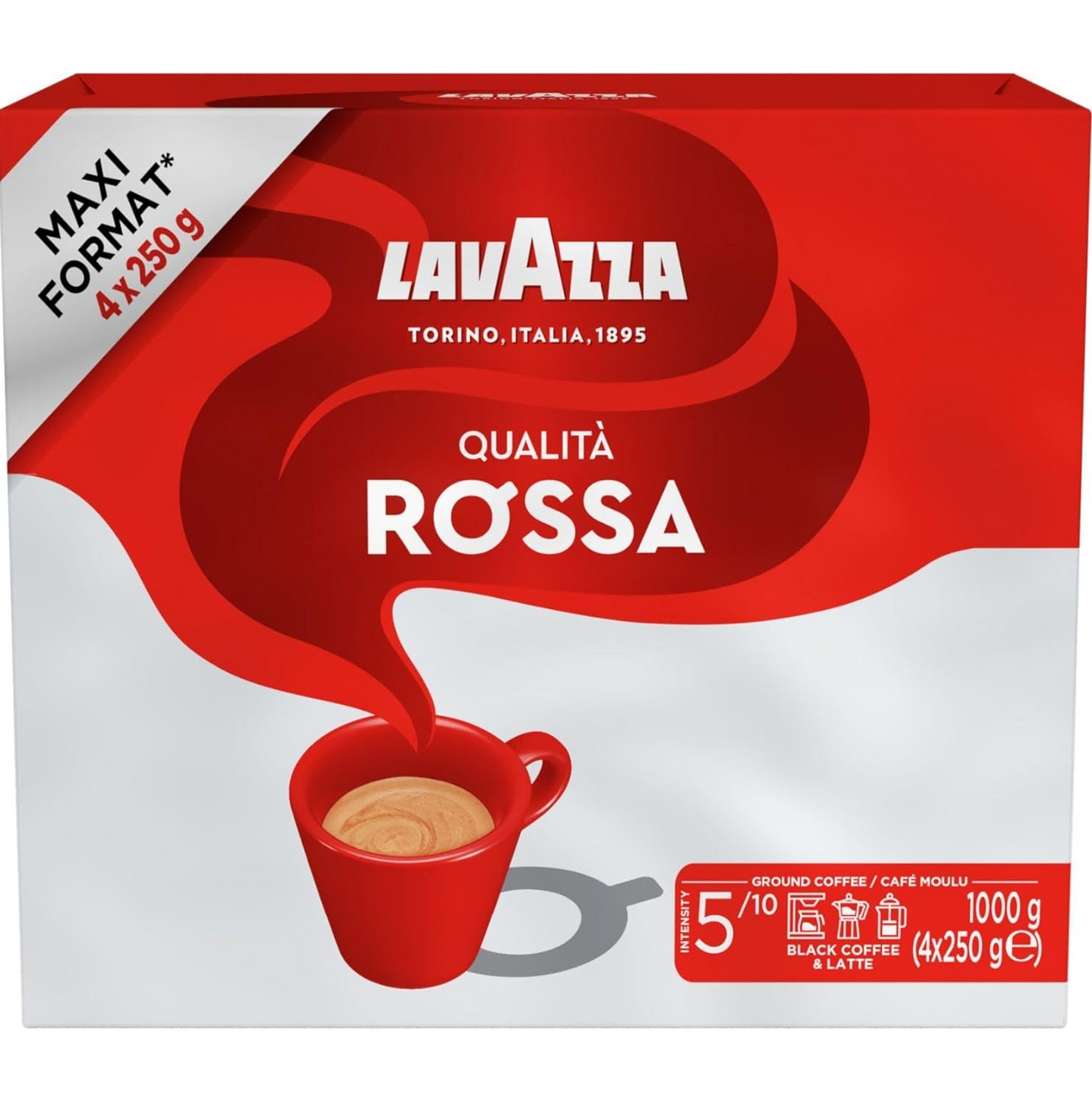 Lavazza, Qualità Rossa, Ground Coffee, 1 kg, Ideal for Moka Pots, with Aromatic Notes of Chocolate and Dried Fruits, Arabica and Robusta, Intensity 5/10, Medium Roasting, 4 x 250g