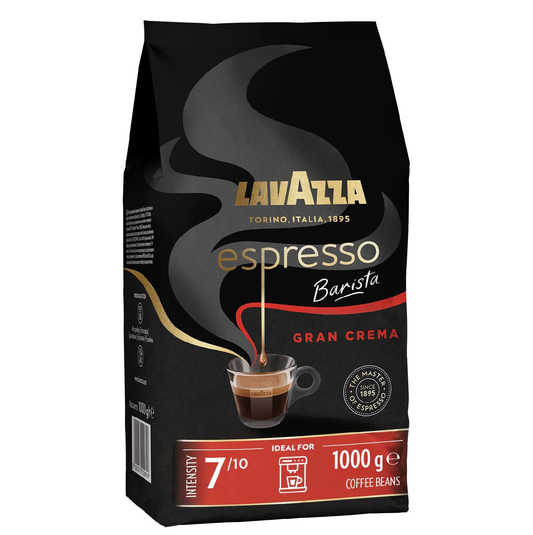 Lavazza Espresso Barista Gran Crema 1kg coffee beans packaging on a white background